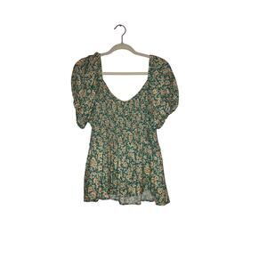 Maurices Floral Smocked Peplum Puff Sleeve Green Ditsy Blouse Size XXL